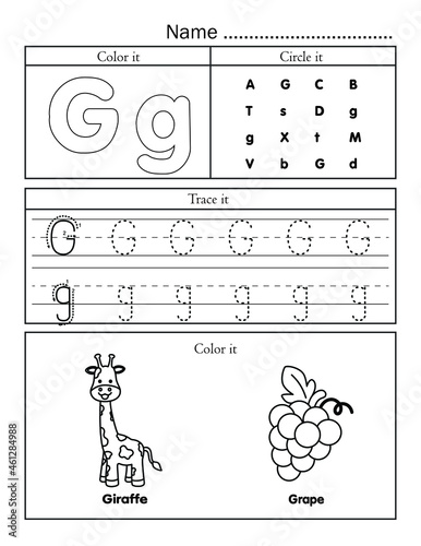 English alphabet letters tracing line printable worksheet with cute picture for coloring for vocabulary learning. Basic writing practice for preschool and kindergarten kids student and teacher.