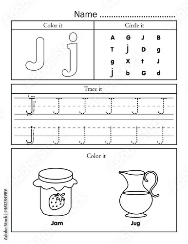 English alphabet letters tracing line printable worksheet with cute picture for coloring for vocabulary learning. Basic writing practice for preschool and kindergarten kids student and teacher.