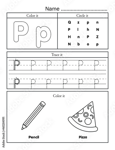 English alphabet letters tracing line printable worksheet with cute picture for coloring for vocabulary learning. Basic writing practice for preschool and kindergarten kids student and teacher.