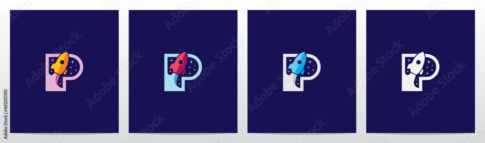 Rocket And Stars On Letter Logo Design P Rocket And Stars On Letter Logo Design P