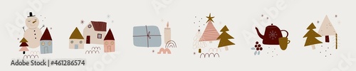 modern boho hygge minimalism. merry christmas and new year. winter stickers for design. vector set of christmas elements.