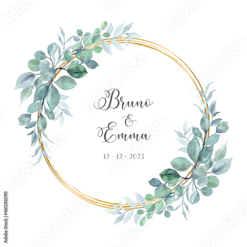 Save the date Watercolor eucalyptus with gold circle