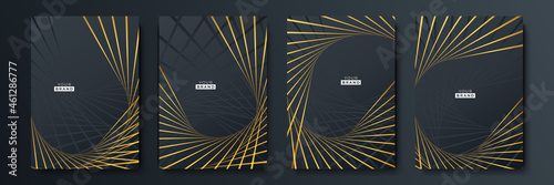 Modern black cover design set. Luxury creative line pattern in premium colors: black, gold and white. Formal vector for notebook cover, business poster, brochure template, magazine layout