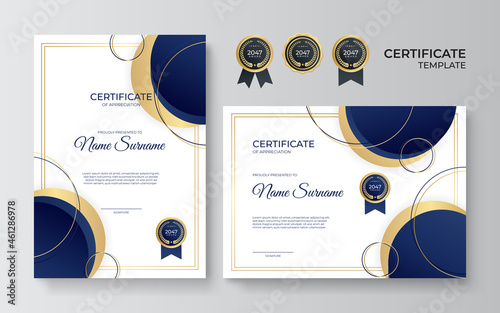 Modern elegant blue and gold business certificate template. Certificate template with luxury pattern. Vector illustration with premium badges design, vintage badges and labels.