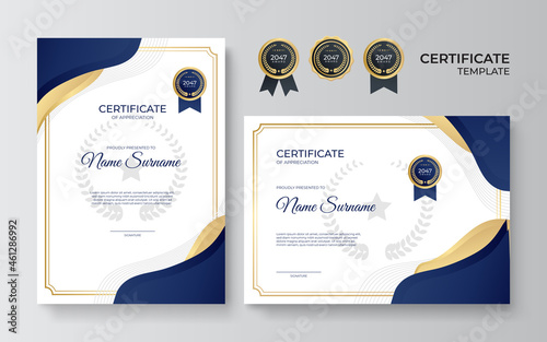 Modern elegant blue and gold business certificate template. Certificate template with luxury pattern. Vector illustration with premium badges design, vintage badges and labels.