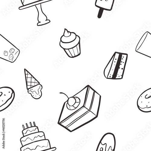 Black and white cake and ice cream vector seamless pattern