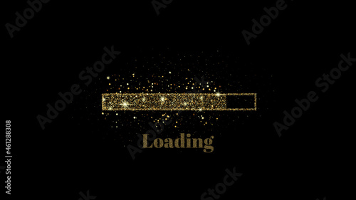 Loading progress bar. Golden glittering vector dust on black background.