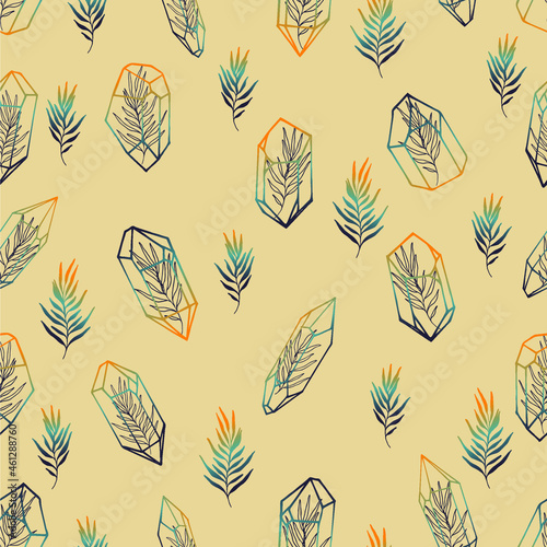 Seamless pattern with hand drawn line art crystals  with leaves. Magical elements illustration. Vector  Isolated objects. Trendy texture for print  textile  packaging.