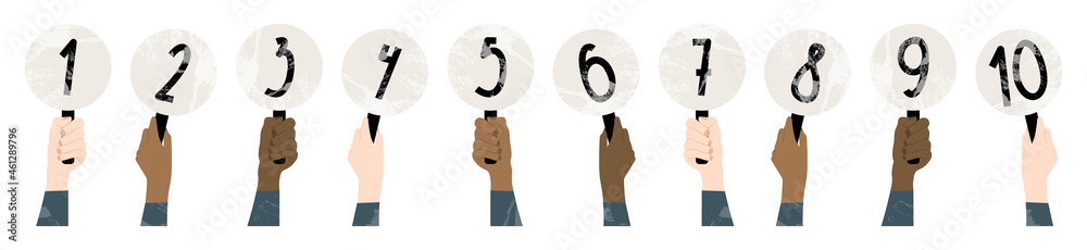 Hand holding nameplate with amount of scores. Card with number, point, score from 1 to 10. Judges' assessments. Vector flat cartoon illustration. Round plate for vote, contest, feedback Hand holding nameplate with amount of scores. Card with number, point, score from 1 to 10. Judges' assessments. Vector flat cartoon illustration. Round plate for vote, contest, feedback