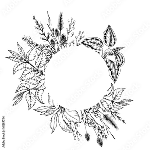 Floral round frame with wild flowers and leaves. Black and white hand drawn vector illustration.
