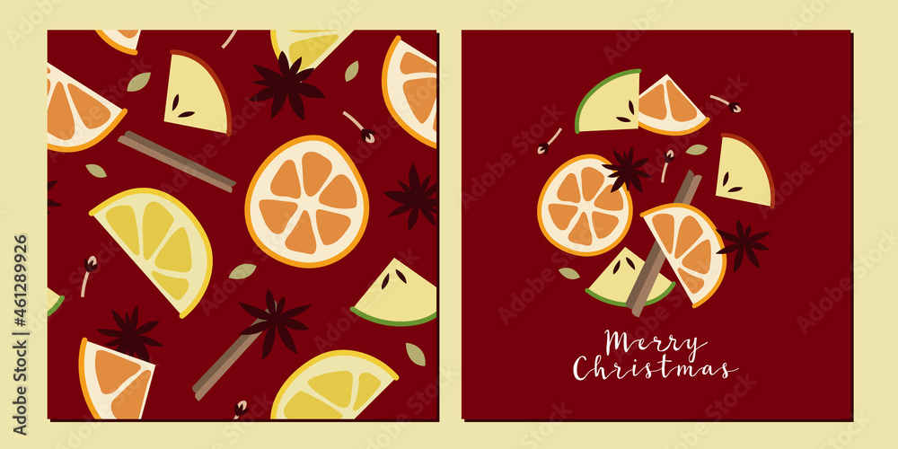 Christmas mulled red wine, citrus fruit, apple, cinnamon, clove, cardamom, anise. Sangria. Fall, winter hot drink in glass. Traditional xmas beverage. Vector seamless pattern flat cartoon illustration