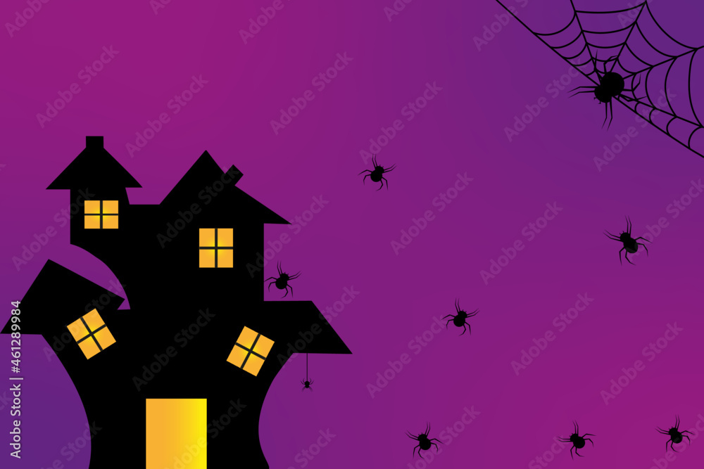 Happy Halloween illustration or banner with an invitation to a cut-style party. Terrible spiders and a scary house. Vector illustration. 