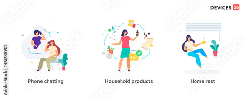 People use smartphones,home, care, rest, leisure set of icons, illustration. Smartphones tablets user interface social media.Flat illustration Icons infographics. Landing page site print poster.