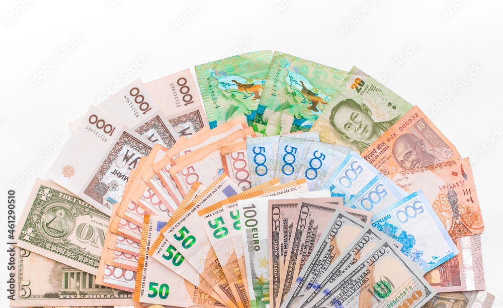 Money US dollars and Euro Coins, different monetary coins, a lot of different money finance banknotes of different countries Money US dollars and Euro Coins, different monetary coins, a lot of different money finance banknotes of different countries