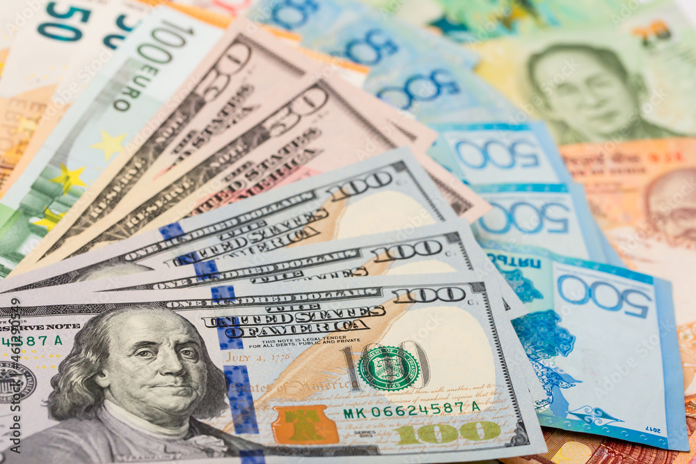Money US dollars and Euro Coins, different monetary coins, a lot of different money finance banknotes of different countries Money US dollars and Euro Coins, different monetary coins, a lot of different money finance banknotes of different countries