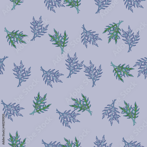 Seamless pattern bunch arugula salad on gray background. Abstract ornament with lettuce.