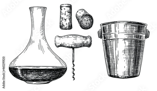 Decanter with wine, cork, corkscrew and ice bucket on white background. Vintage drawing. photo