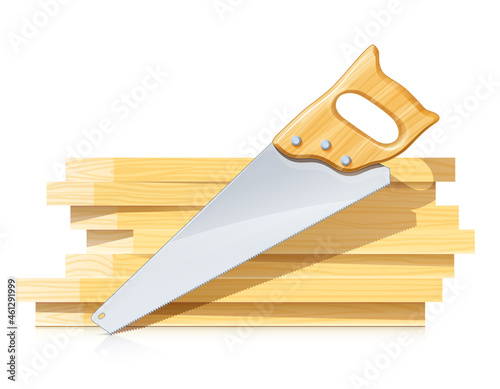Handsaw for cut wood. Saw for woodworking. Work tool. Home equipment. Isolated on white background. Eps10 vector illustration.