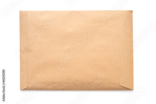 Envelope mockup, blank paper envelope isolated on white. Cardboard bag, package top view, space for text.