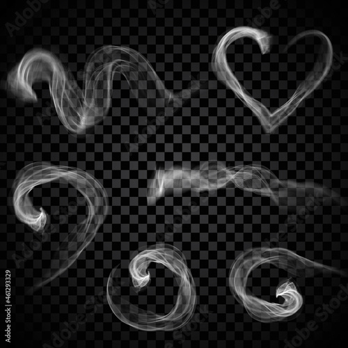 Steam smoke set isolated on black transparent background. Collection for poster, placard, backdrop, wallpaper and card template. Realistic effect. Creative art concept, vector illustration