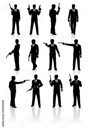 Isolated vector silhouettes of James Bond inspired spies or hitmen wearing a suit and tie. All characters are aiming or posing with pistols or rifles.