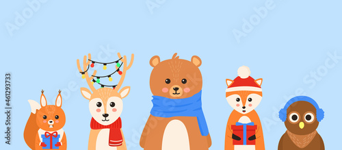 Cute cartoon christmas winter animals. Deer in a scarf with a garland in its horns. Squirrel with present box. Flat bear in scarf. Fox in a hat and with a gift in his paws. Owl in fluffy headphones.