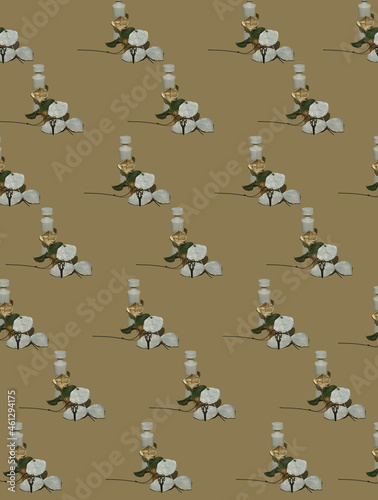 White bottle on pastel brige background. Gold flowers with scissors. Minimal concept. Pattern.