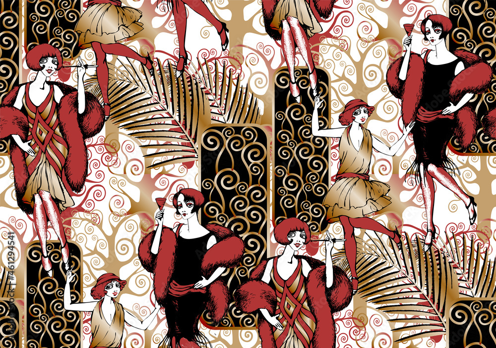 Seamless pattern. Pretty girls dressed for a party in the style of roaring twenties.