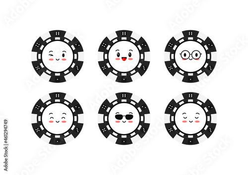 Casino poker chip emoticon set isolated on white background. Casino black coin chips with faces character. Vector flat design cartoon style illustration.