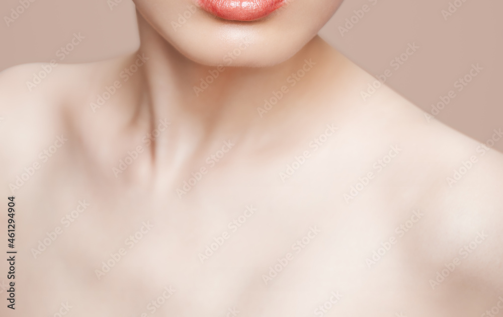 Collar bone lips and skin care on nude beauty makeup background Collar bone lips and skin care on nude beauty makeup background