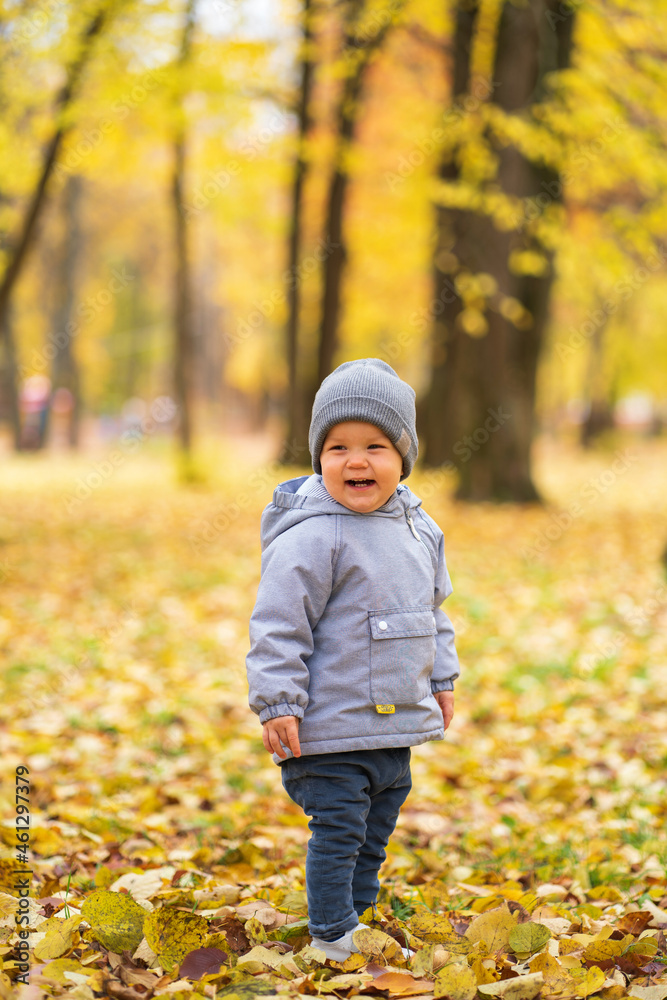 A small child walks in October in the park in the afternoon on autumn leaves and laughs A small child walks in October in the park in the afternoon on autumn leaves and laughs