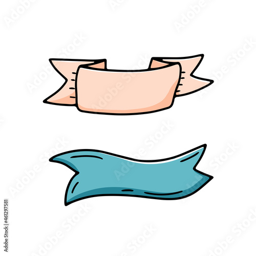 Decorative ribbons for text isolated on white background. Vector doodle illustration, in hand drawn style