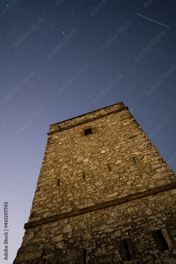 astrophotography telegraphy tower in Puiggracios with shooting star, Catalonia, Spain astrophotography telegraphy tower in Puiggracios with shooting star, Catalonia, Spain