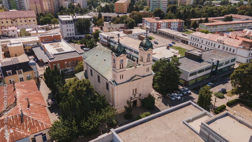 Aerial view of the church in Levice, Slovakia