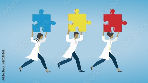 Doctors, scientists running with puzzle pieces. Vector illustration. Dimension 16:9. EPS10.