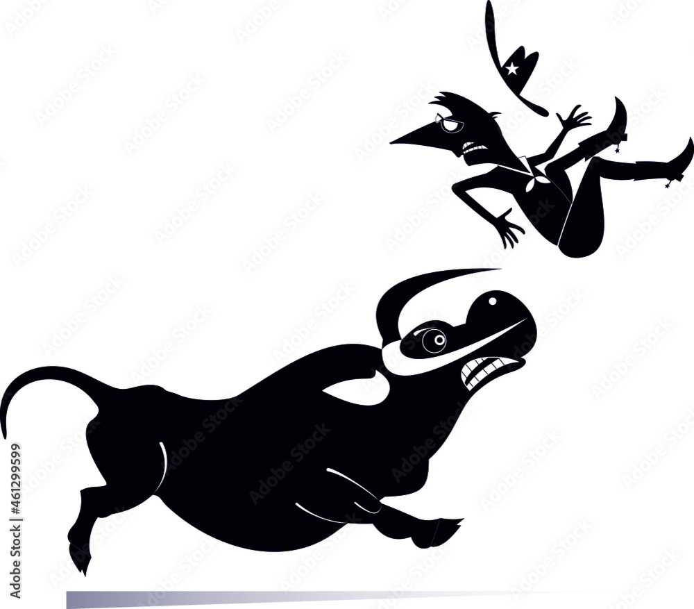 Cartoon rider falls from the bull illustration.
Rodeo. Angry bull kicks a confused long mustache man or cowboy black on white 
 - obrazy, fototapety, plakaty 