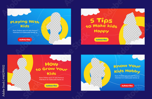 Attractive promotion thumbnail video streaming template for kids, children funny, education, toy channel with red and blue background design. Vector illustration