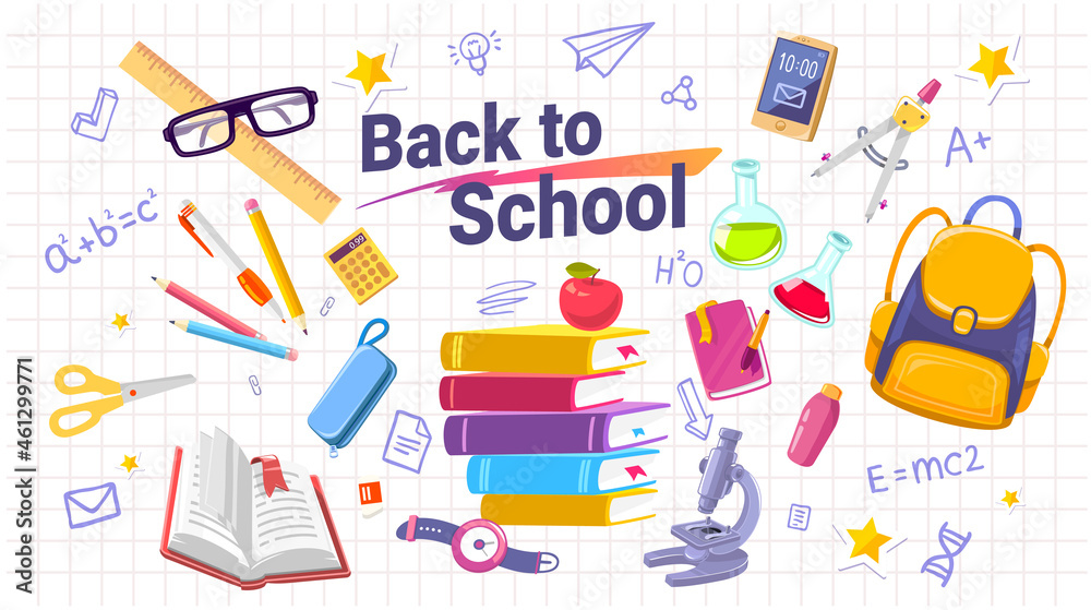 Vector color illustration of school bag with book and stationery on white background with text back to school and doodle formula. Bright design