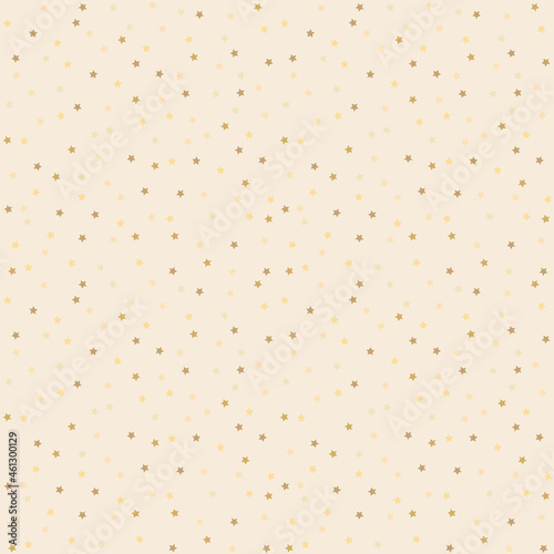 Cute festive background with gold stars. Holiday seamless pattern. Decoration for gift wrapping paper, fabric, clothing