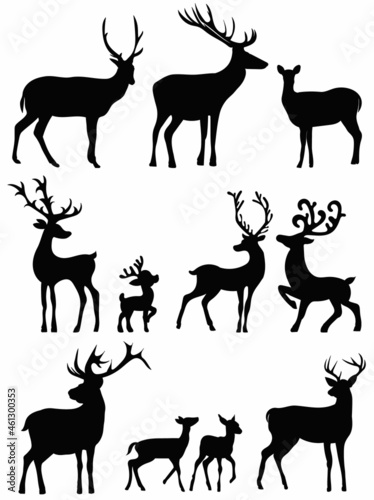 set of deer black silhouette on a white background