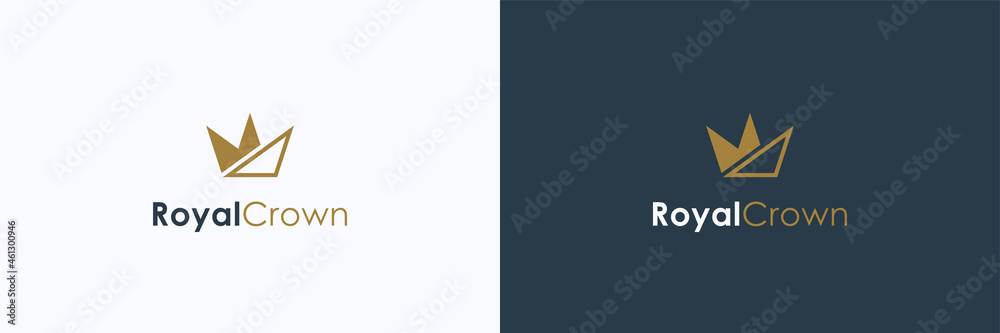 Simple Royal Crown Logo. Gold Geometric Crown with Filled and Outline Style isolated on Double Background. Usable for Business and Branding Logos. Flat Vector Logo Design Template Element.