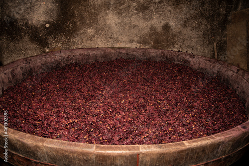 Fotografija Grapes fermentation in a wooden barrel