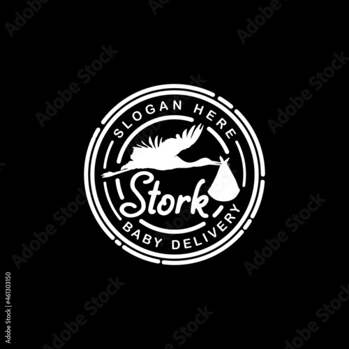 Stork Carrying Baby Logo stamp design inspiration