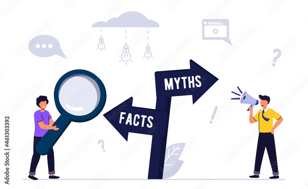 Myths and facts Information accuracy in flat tiny persons concept Businessman and directional sign of facts versus myths Verify rumors scene Fake news versus trust and honest data source