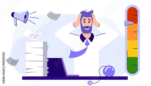 Stress level rises with problem and pressure solving Emotional overload concept Man clutches his head under anxiety pressure Social demands and work life balance problems Acute stress disorder