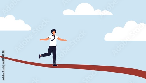 Taking risk concept for success Man walking on tight rope symbol vector illustration Business risk and challenge in career path Business project deadline Time management Assessment and control
