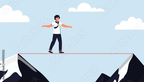 Taking risk concept for success Man walking on tight rope symbol vector illustration Business risk and challenge in career path Business project deadline Time management Assessment and control
