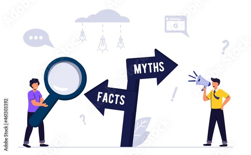 Myths and facts Information accuracy in flat tiny persons concept Businessman and directional sign of facts versus myths Verify rumors scene Fake news versus trust and honest data source