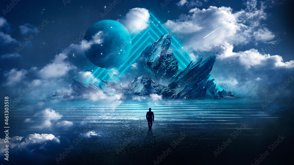 Futuristic fantasy landscape with light clouds. Natural scene with neon light reflected in water. Neon space galaxy portal. 3d illustration  - obrazy, fototapety, plakaty 