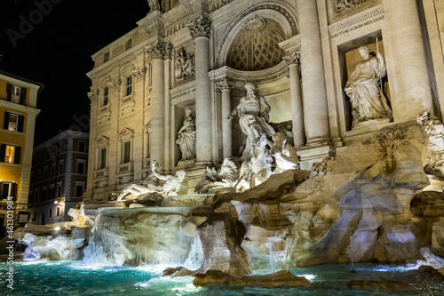 Details of Trevi fountain in Rome, Italy at night.